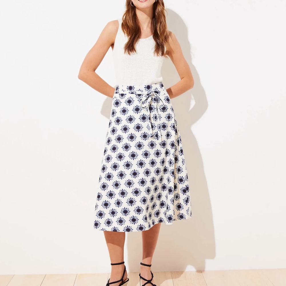 Loft Linen Blend Sunburst Floral Tie Waist Midi Skirt Size 4